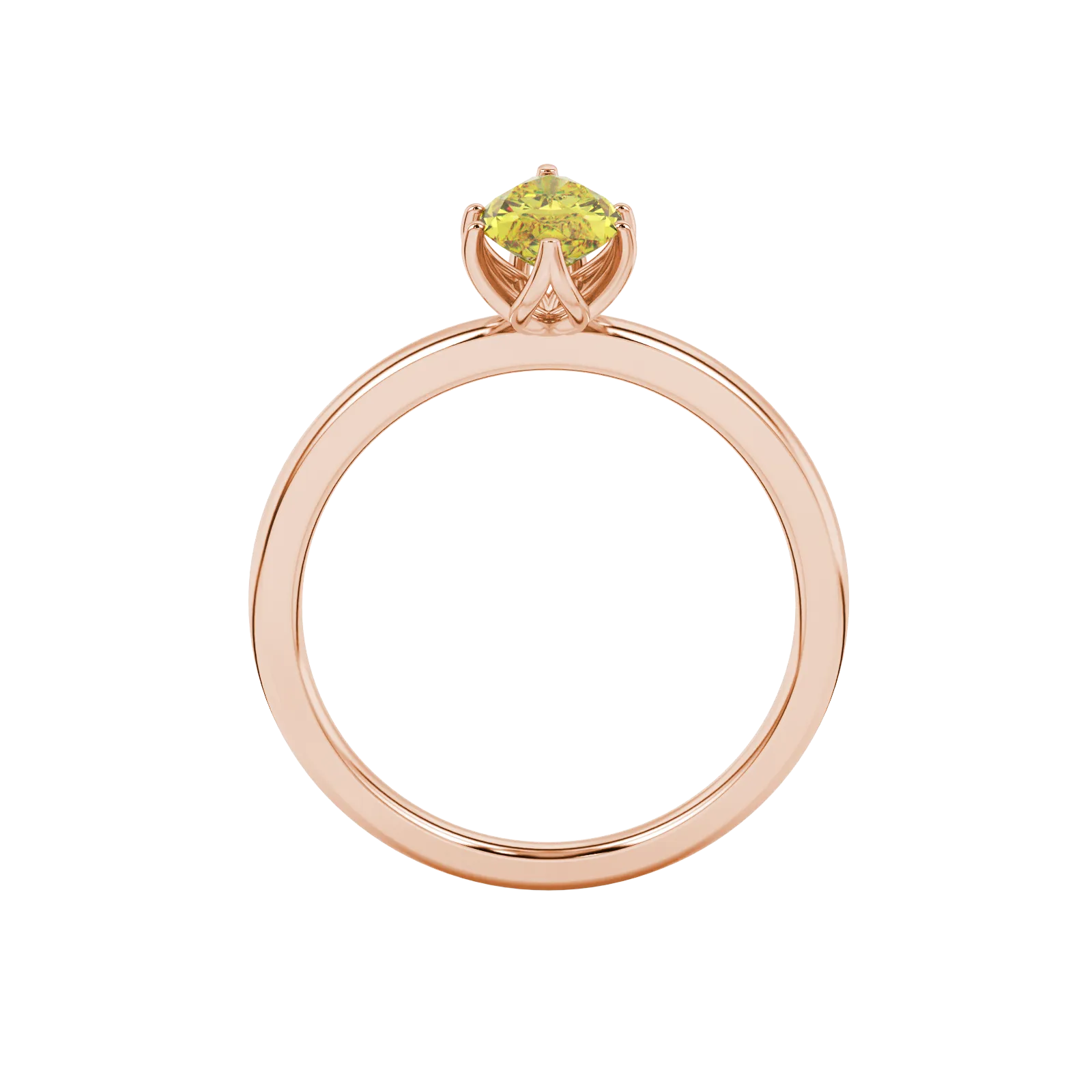 Marquise cut canary yellow gemstone ring, rose gold scalloped six prong setting.