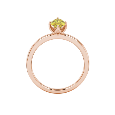 Marquise cut canary yellow gemstone ring, rose gold scalloped six prong setting.