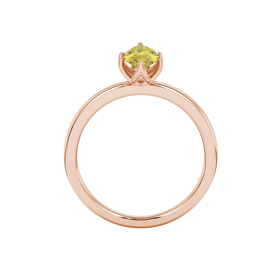 Marquise cut canary yellow gemstone ring, rose gold scalloped six prong setting.