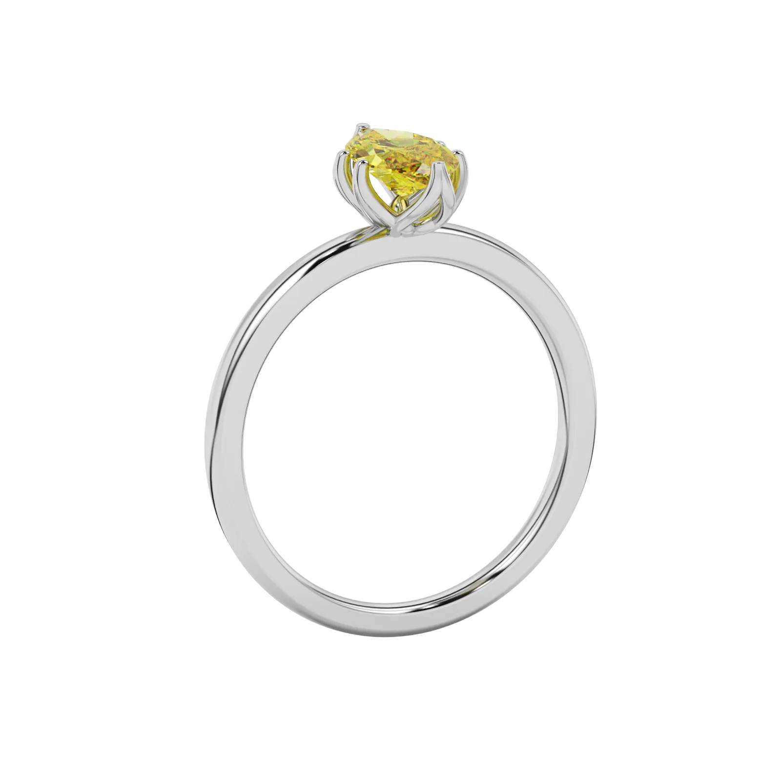 Side profile, white gold canary yellow ring, scalloped six prong gallery.