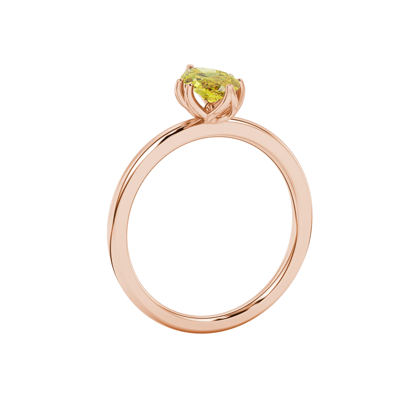 Side profile, rose gold canary yellow ring, scalloped six prong gallery.