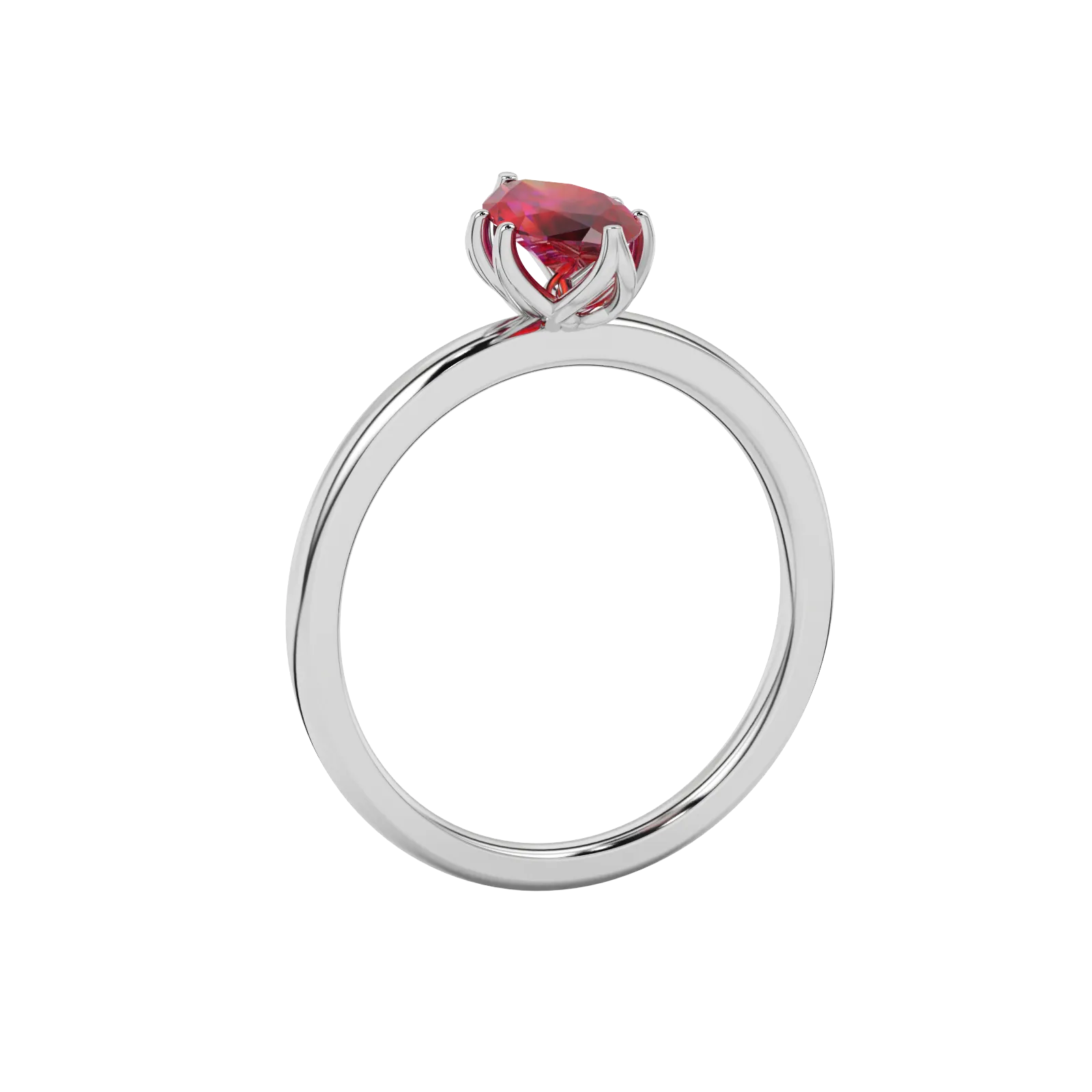 Side profile, white gold raspberry red ring, scalloped six prong gallery.