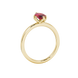 Side profile, yellow gold raspberry red ring, scalloped six prong gallery.