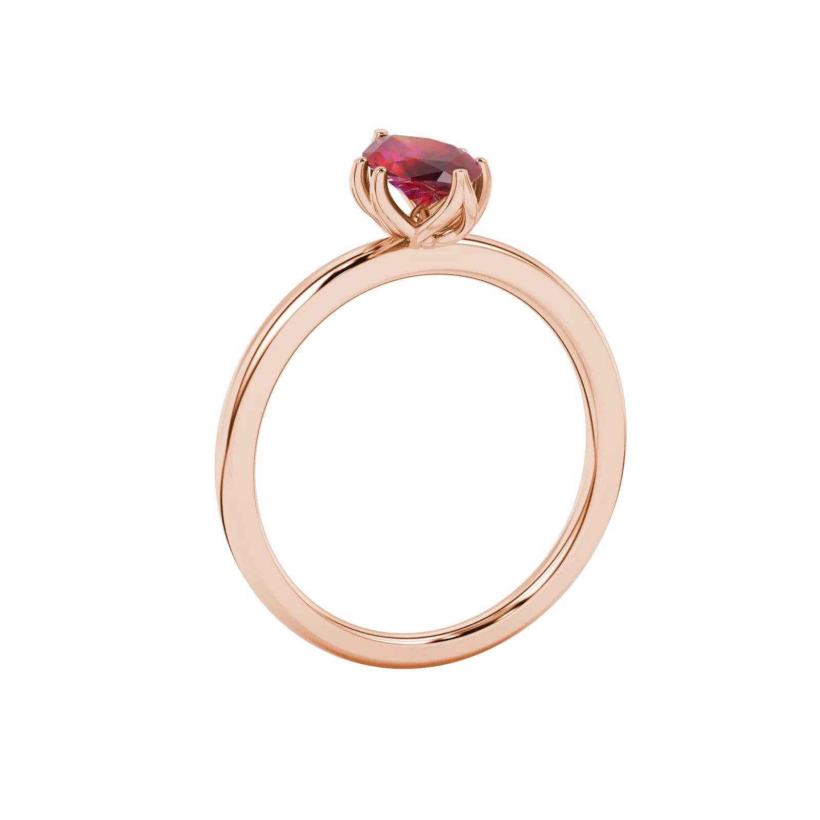 Side profile, rose gold raspberry red ring, scalloped six prong gallery.