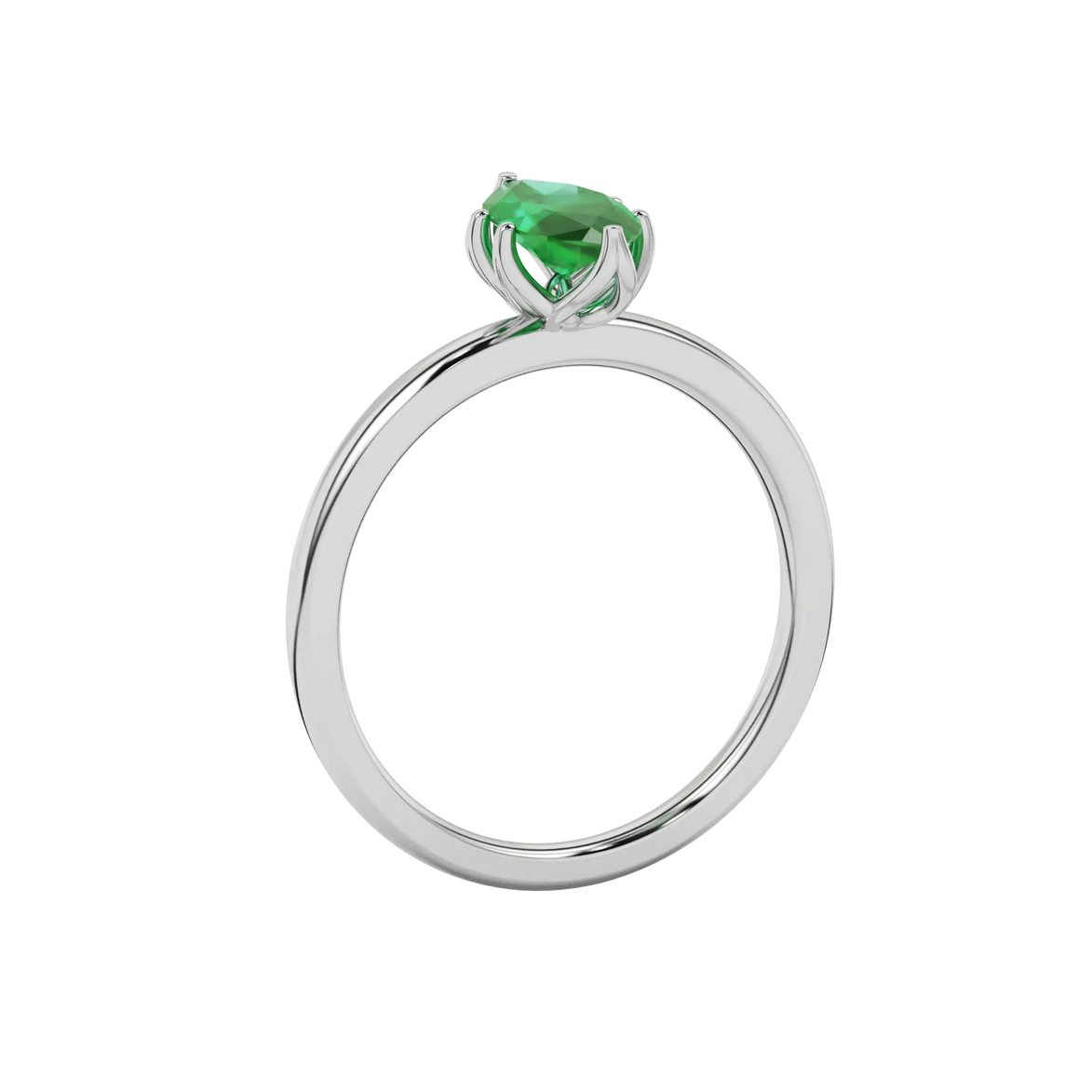 Side profile, white gold emerald green ring, scalloped six prong gallery.