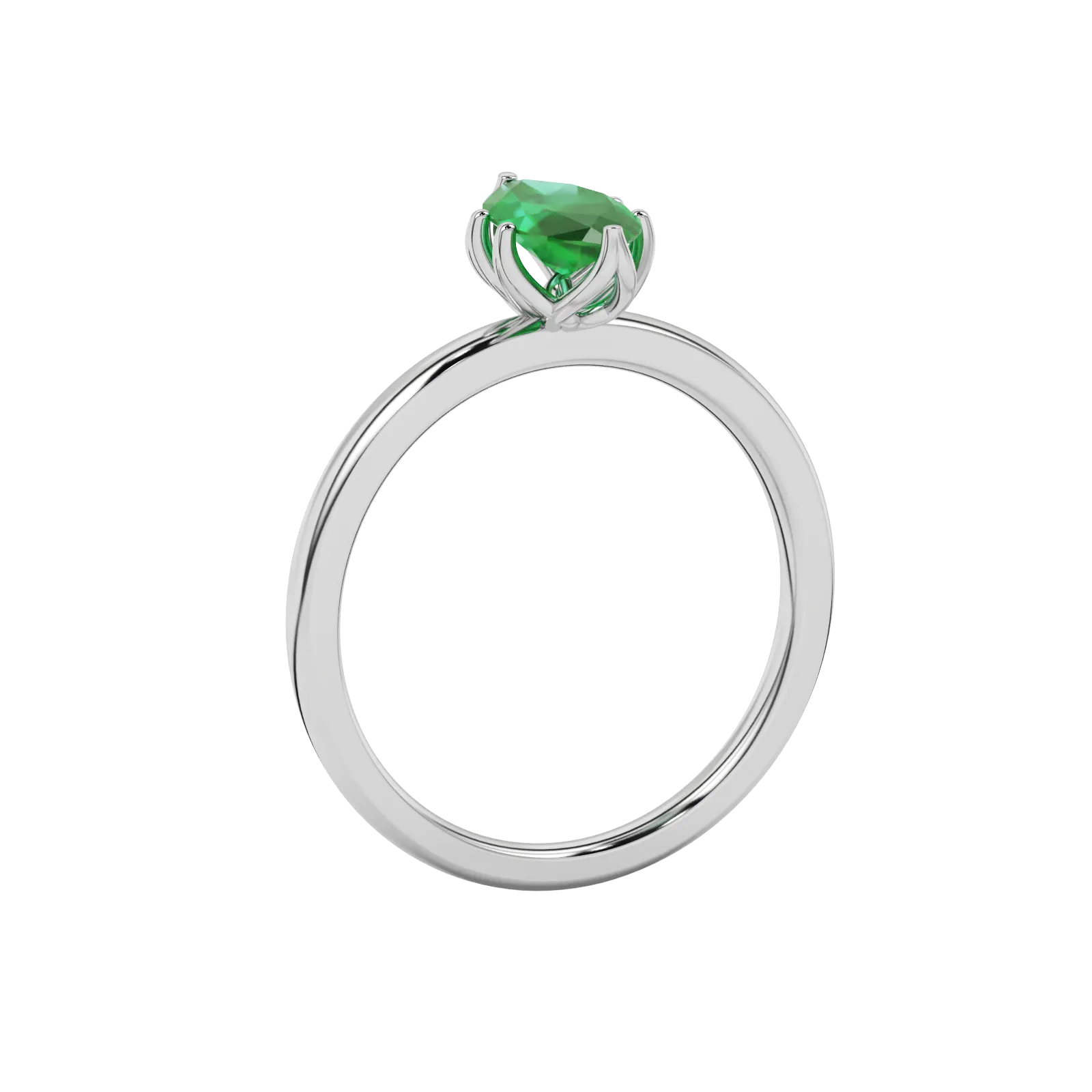Side profile, white gold emerald green ring, scalloped six prong gallery.