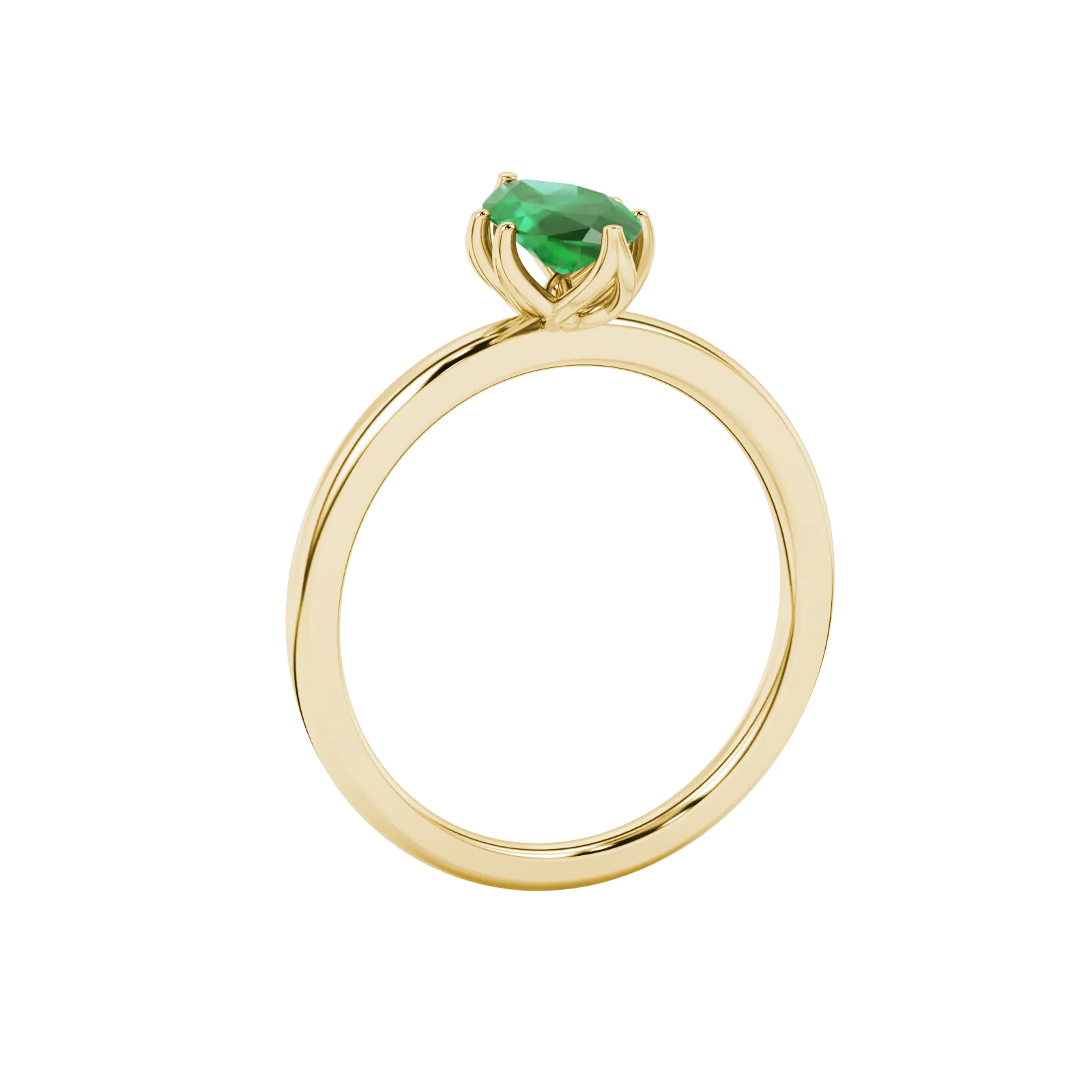 Side profile, yellow gold emerald green ring, scalloped six prong gallery.