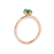 Side profile, rose gold emerald green ring, scalloped six prong gallery.