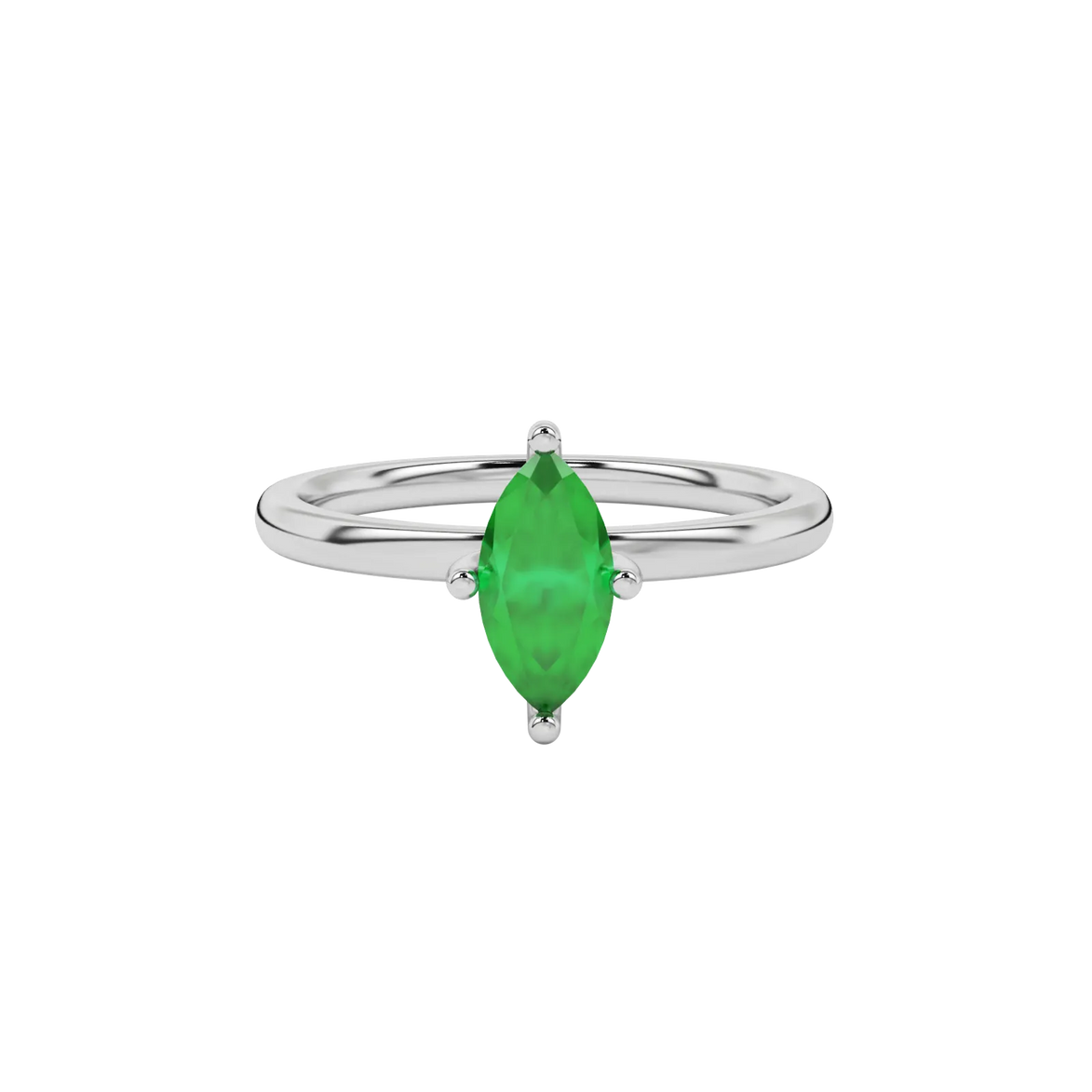 Close-up marquise cut emerald green gemstone ring, white gold surprise diamond setting.