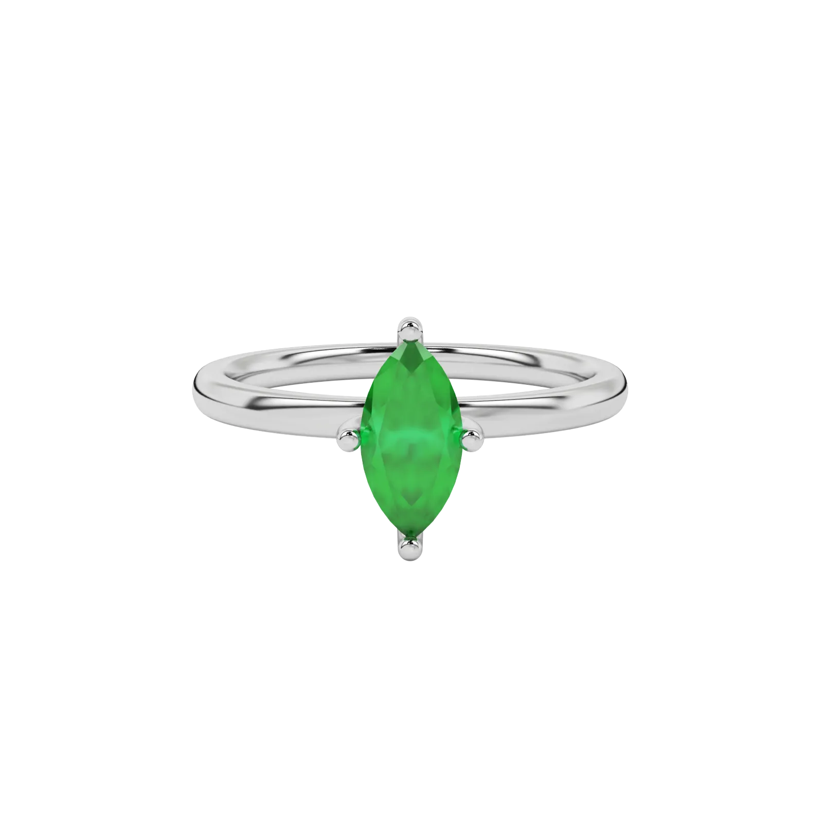 Close-up marquise cut emerald green gemstone ring, white gold surprise diamond setting.