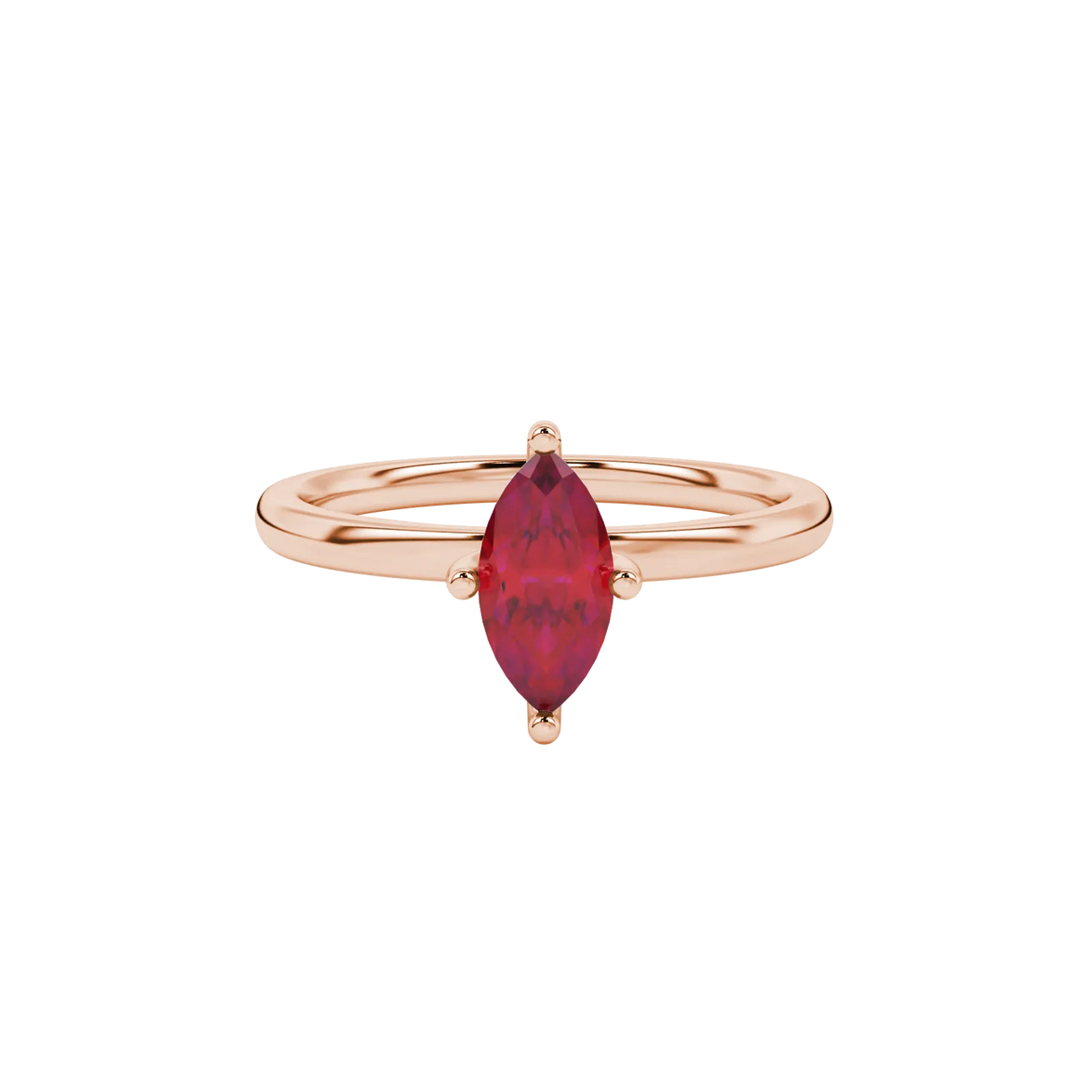 Close-up, marquise cut raspberry red gemstone ring, rose gold surprise diamond setting.