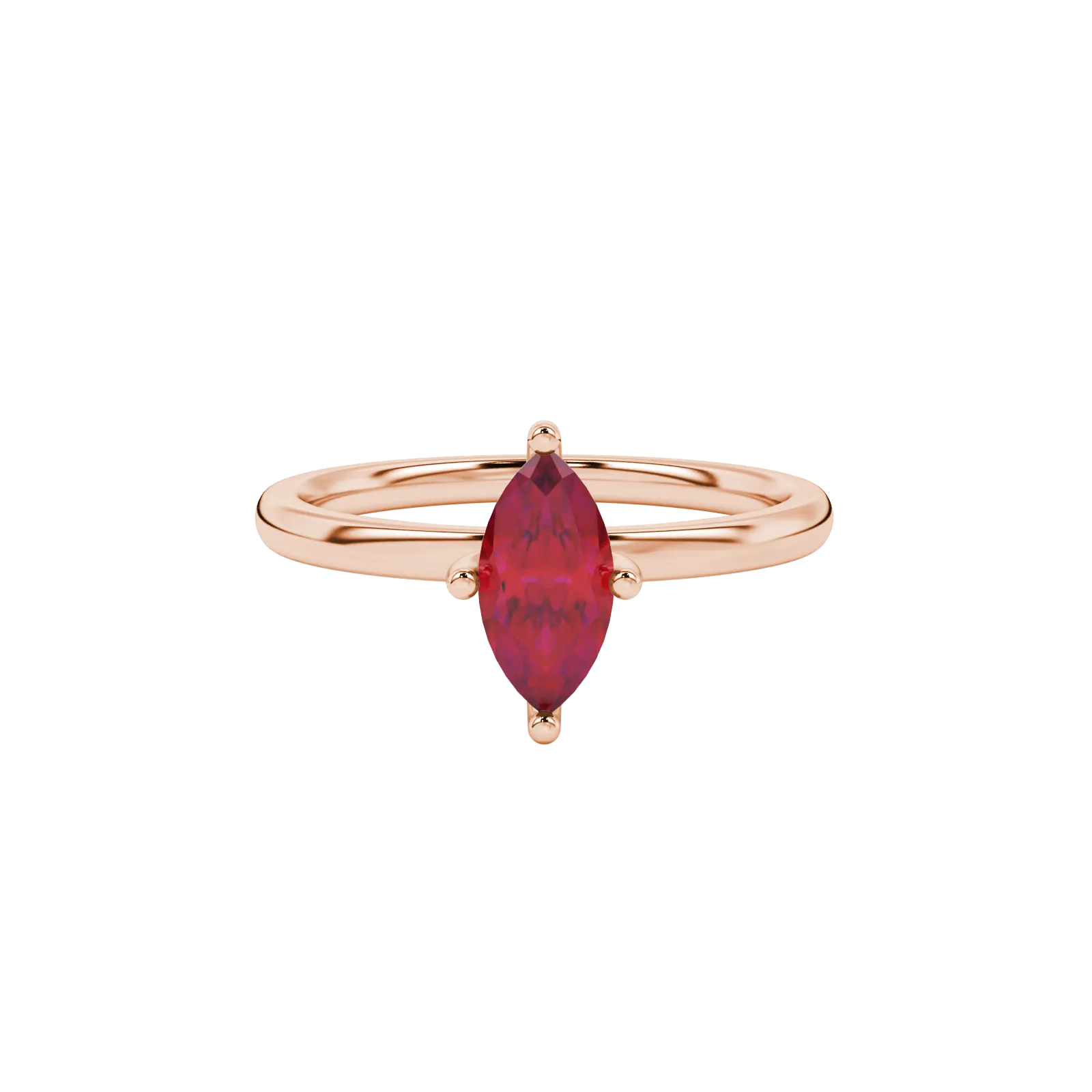 Close-up, marquise cut raspberry red gemstone ring, rose gold surprise diamond setting.