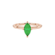 Close-up, marquise cut emerald green gemstone ring, rose gold surprise diamond setting.