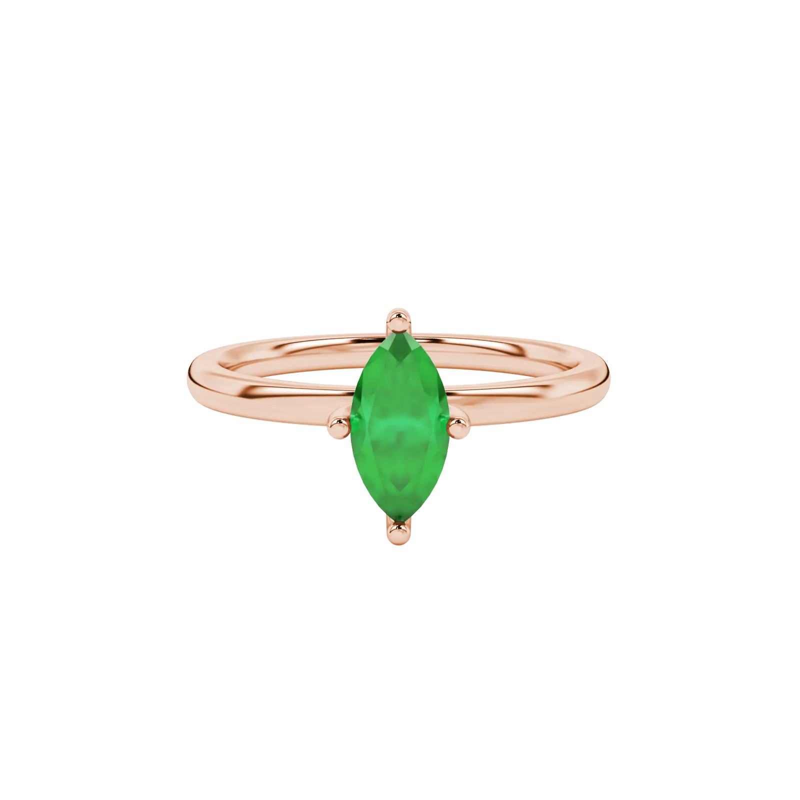 Close-up, marquise cut emerald green gemstone ring, rose gold surprise diamond setting.
