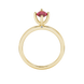 Marquise cut raspberry red gemstone ring, yellow gold surprise diamond setting.