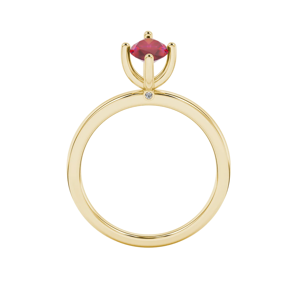 Marquise cut raspberry red gemstone ring, yellow gold surprise diamond setting.