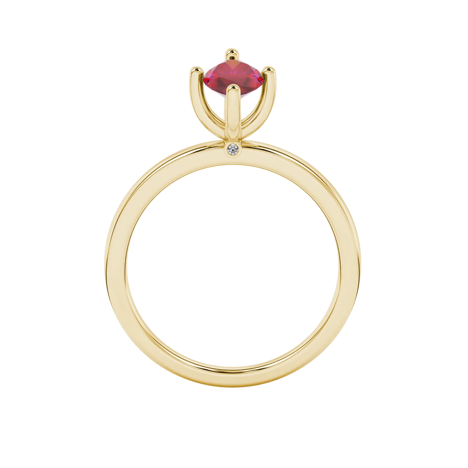 Marquise cut raspberry red gemstone ring, yellow gold surprise diamond setting.