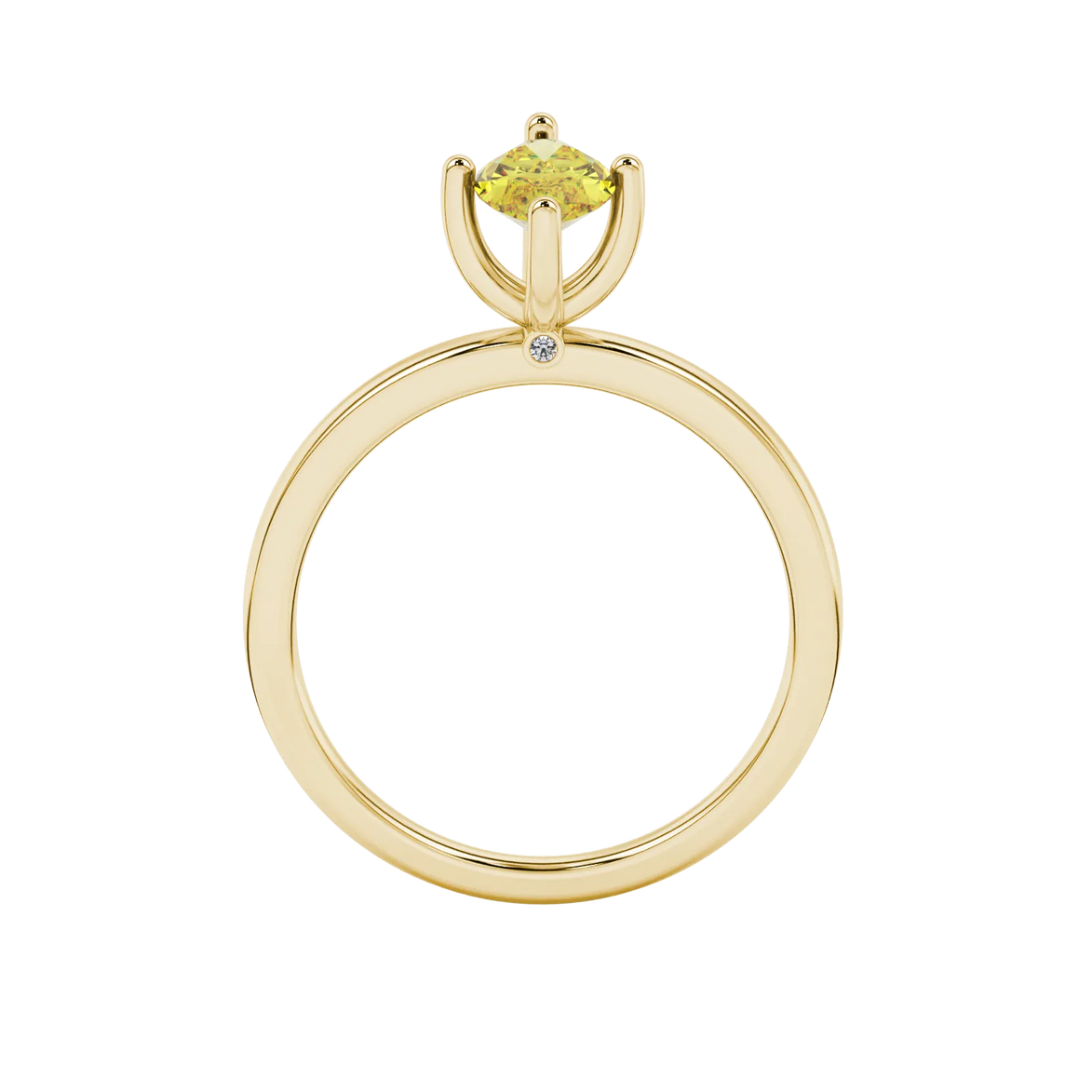Marquise cut canary yellow gemstone ring, yellow gold surprise diamond setting.