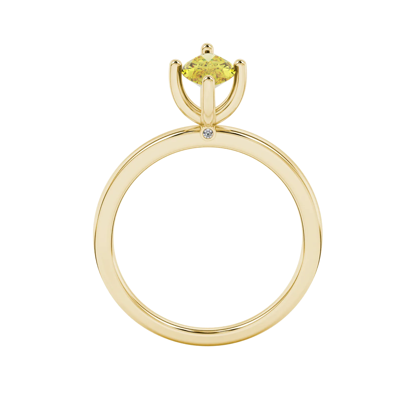 Marquise cut canary yellow gemstone ring, yellow gold surprise diamond setting.