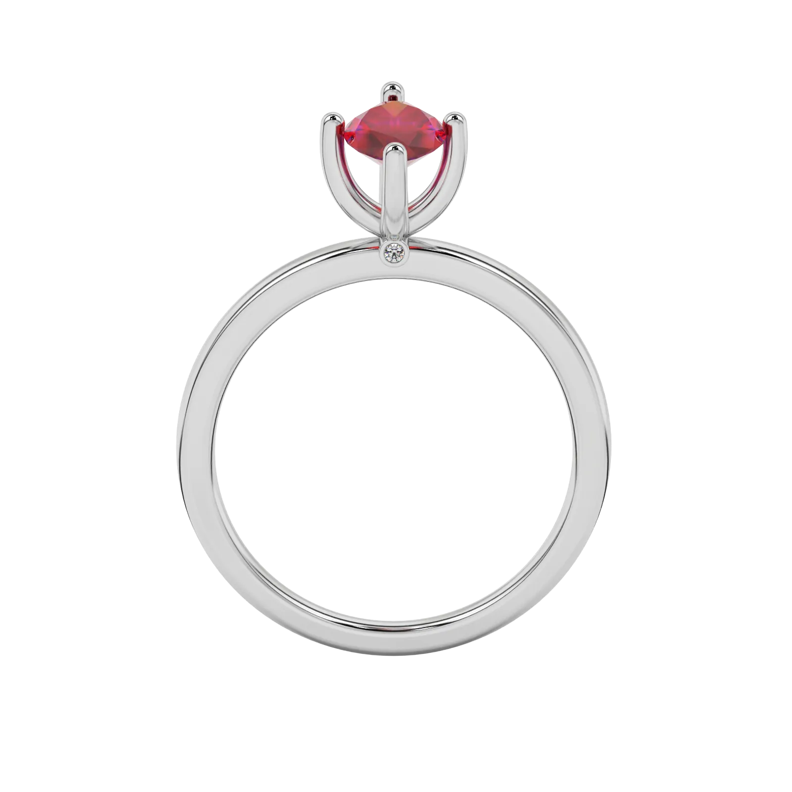 Marquise cut raspberry red gemstone ring, white gold surprise diamond setting.