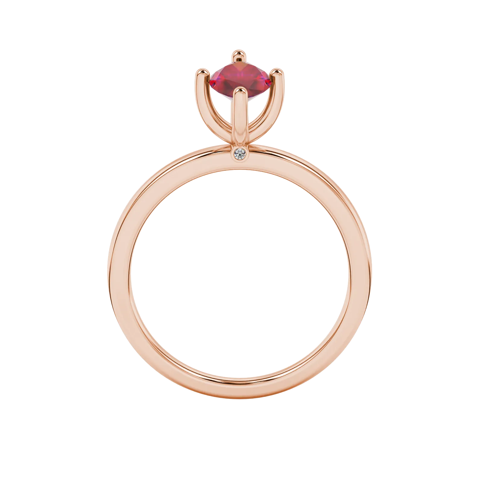 Marquise cut raspberry red gemstone ring, rose gold surprise diamond setting.