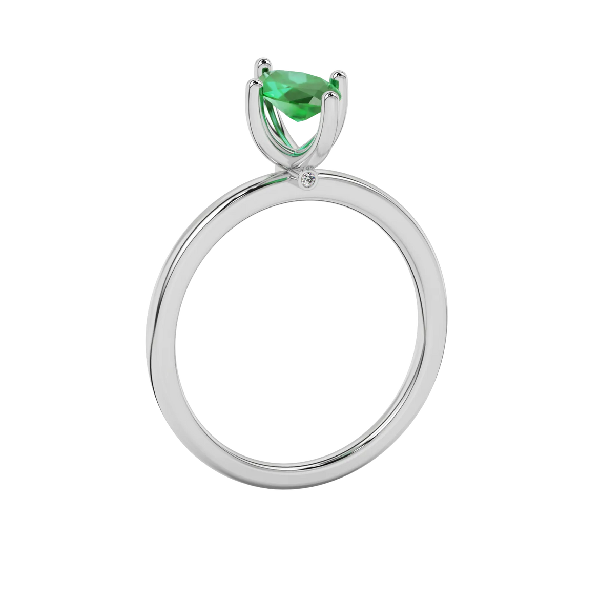 Side profile, white gold emerald green ring, surprise diamond gallery.