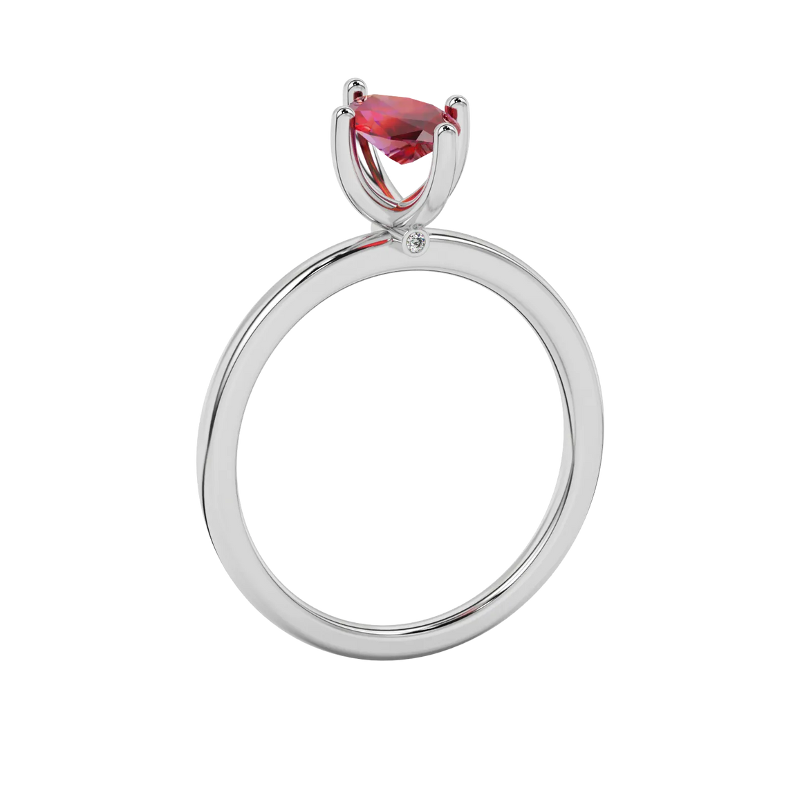 Side profile, white gold raspberry red ring, surprise diamond gallery.
