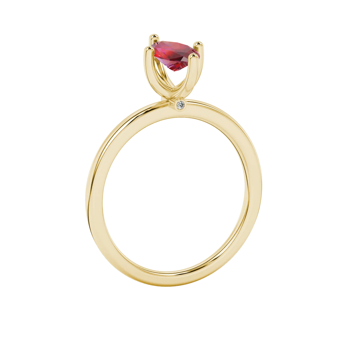 Side profile, yellow gold raspberry red ring, surprise diamond gallery.