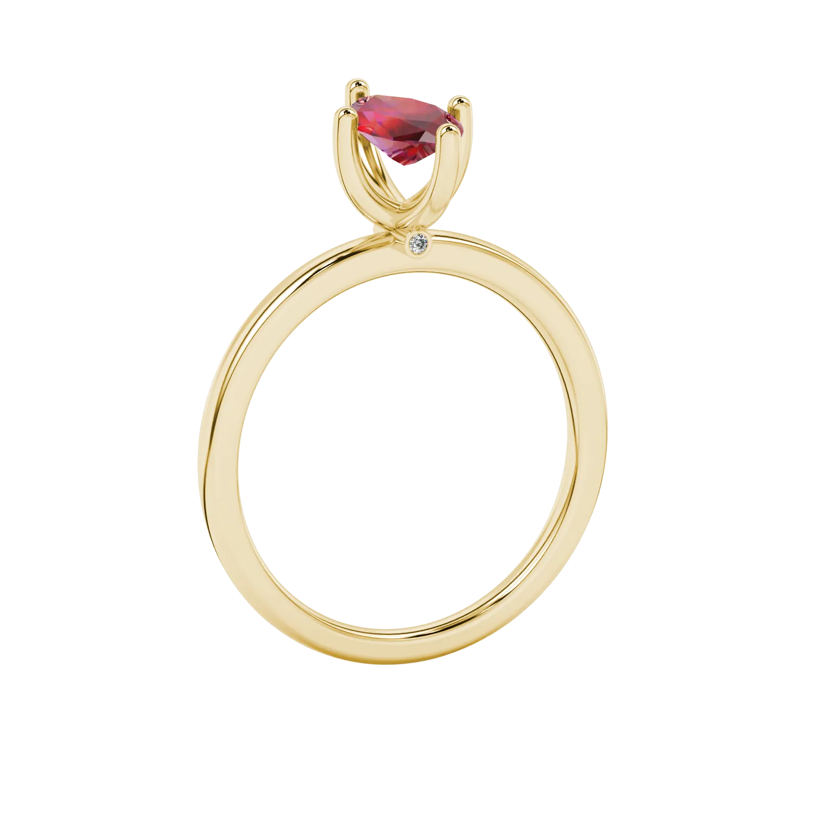 Side profile, yellow gold raspberry red ring, surprise diamond gallery.