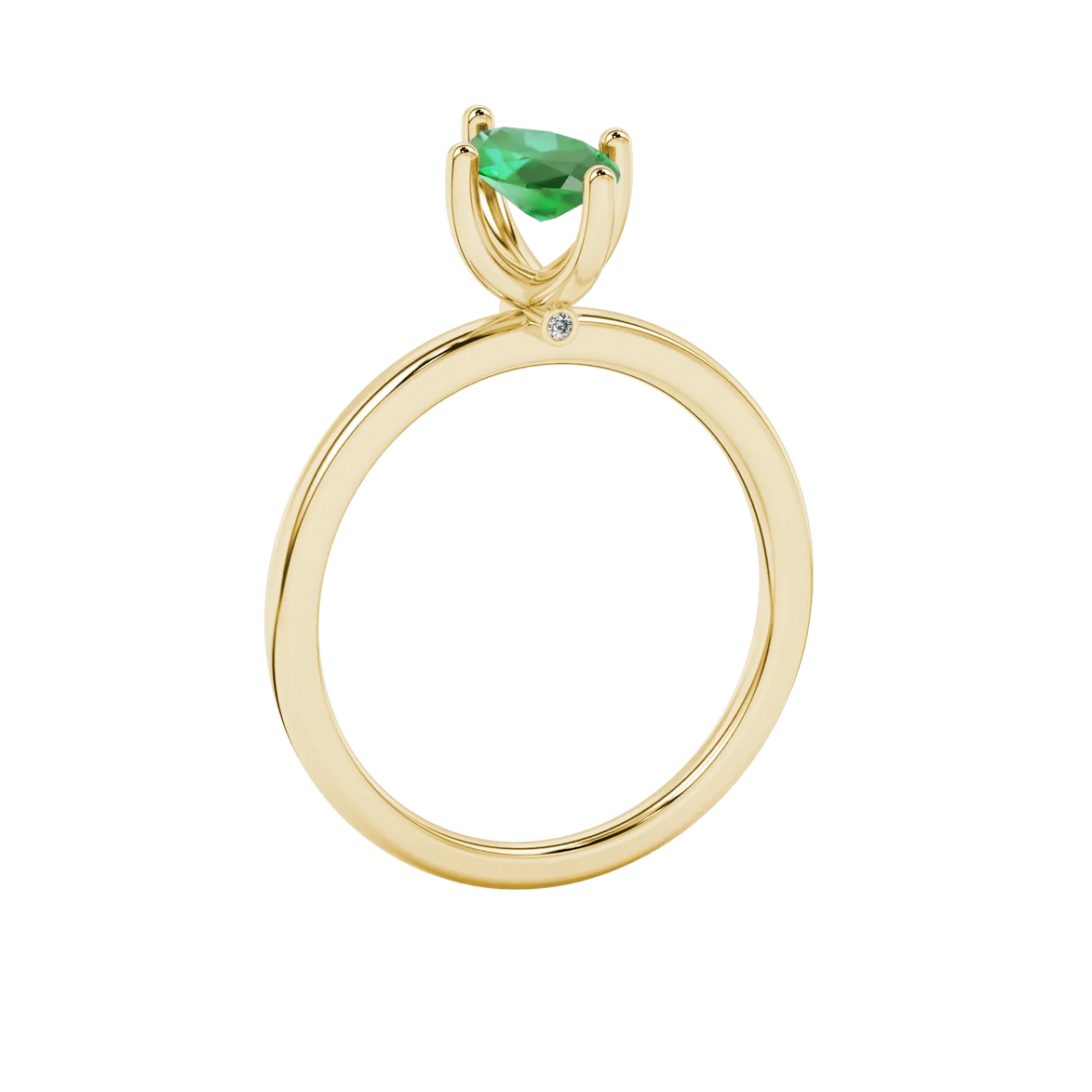 Side profile, yellow gold emerald green ring, surprise diamond gallery.