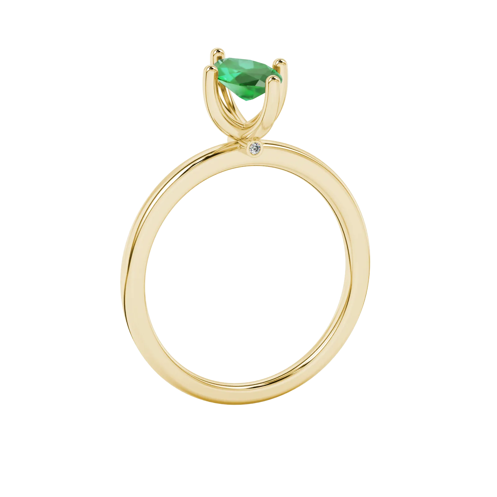 Side profile, yellow gold emerald green ring, surprise diamond gallery.
