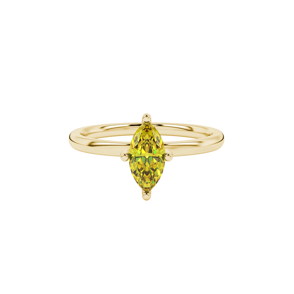 Close-up, marquise cut canary yellow gemstone, yellow gold surprise diamond ring.