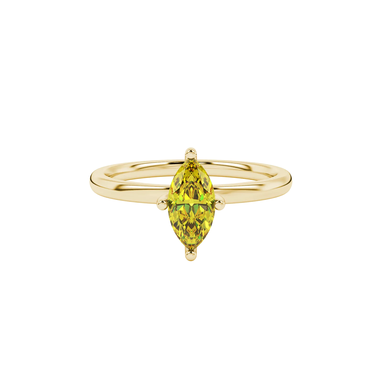 Close-up, marquise cut canary yellow gemstone, yellow gold surprise diamond ring.