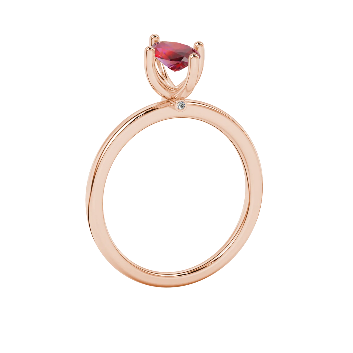 Side profile, rose gold raspberry red ring, surprise diamond gallery.