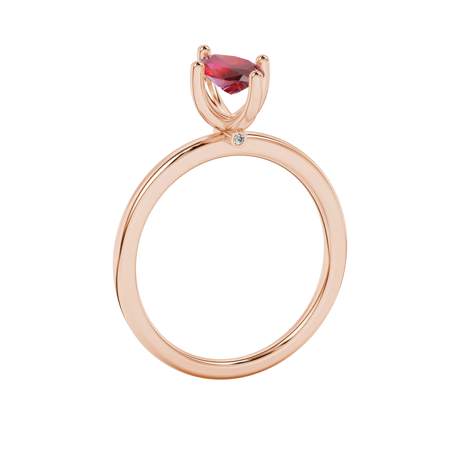 Side profile, rose gold raspberry red ring, surprise diamond gallery.