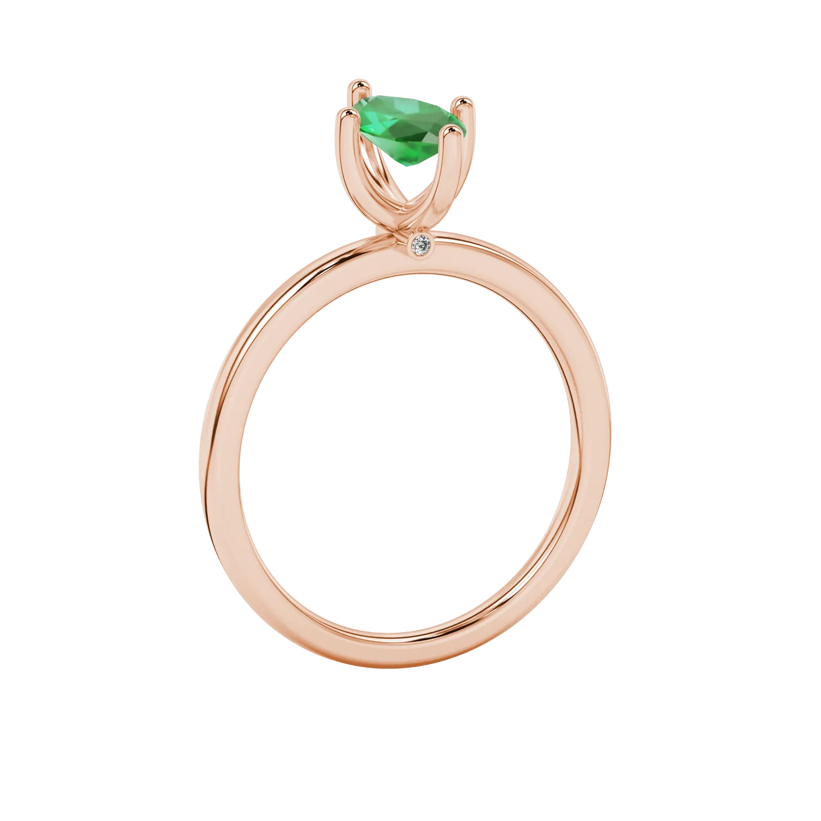 Side profile, rose gold emerald green ring, surprise diamond gallery.