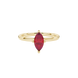 Close-up, marquise cut raspberry red gemstone, yellow gold surprise diamond ring.