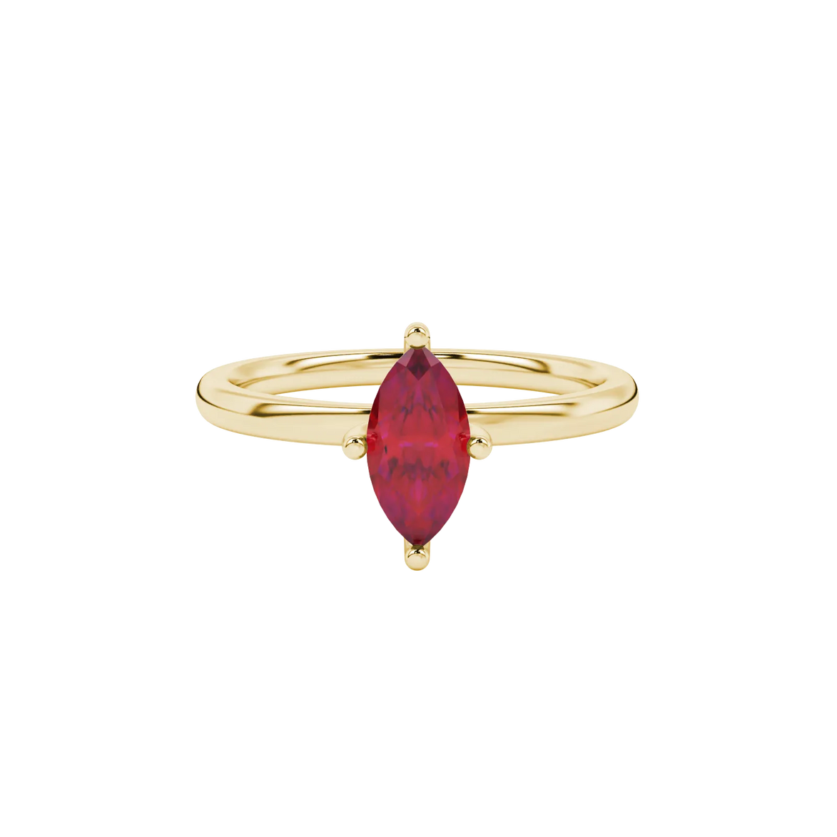 Close-up, marquise cut raspberry red gemstone, yellow gold surprise diamond ring.