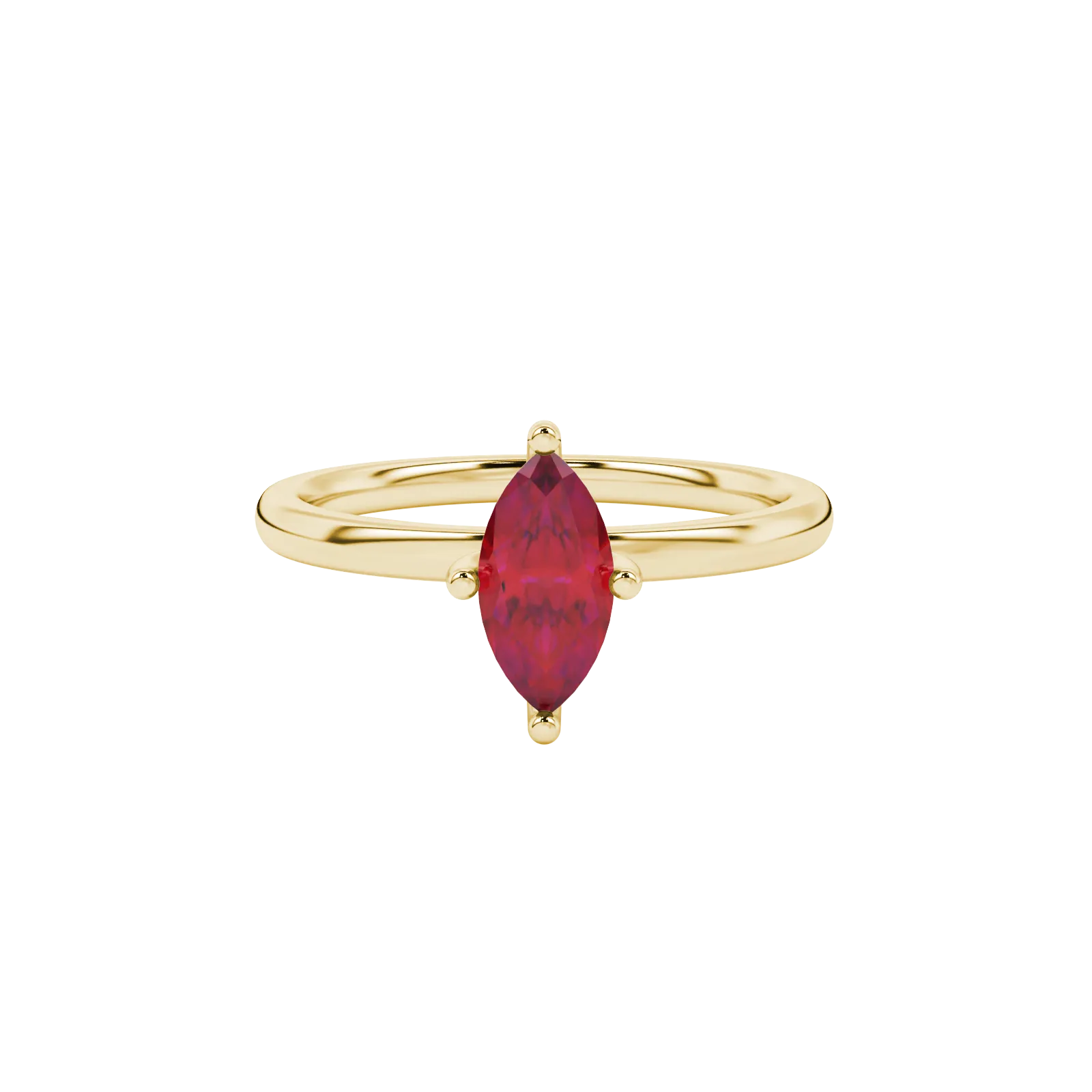 Close-up, marquise cut raspberry red gemstone, yellow gold surprise diamond ring.