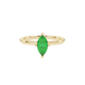 Close-up, marquise cut emerald green gemstone, yellow gold surprise diamond ring.