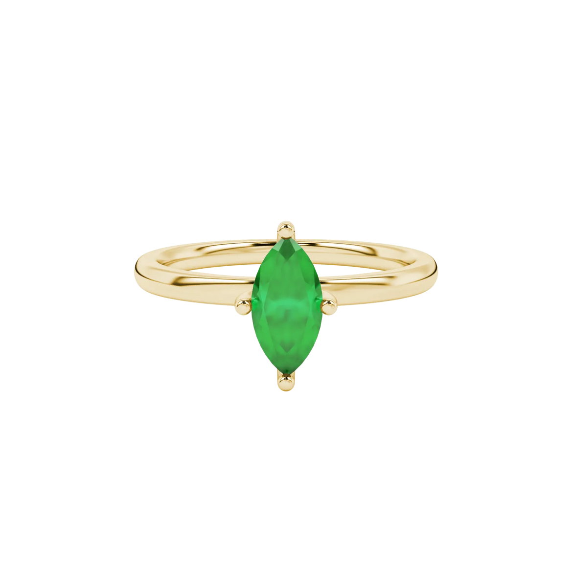 Close-up, marquise cut emerald green gemstone, yellow gold surprise diamond ring.