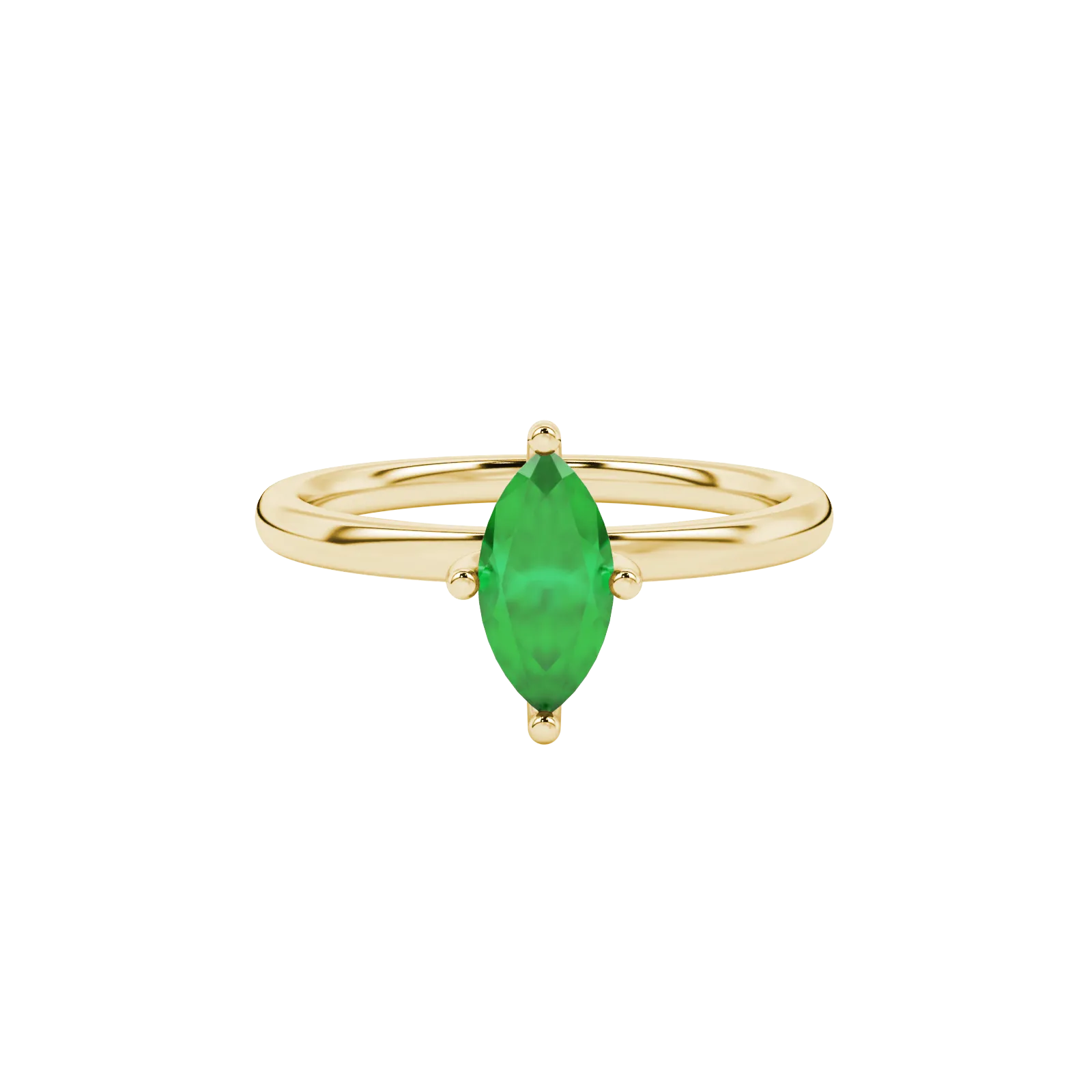 Close-up, marquise cut emerald green gemstone, yellow gold surprise diamond ring.