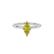 Close-up marquise cut canary yellow gemstone ring, white gold surprise diamond setting.