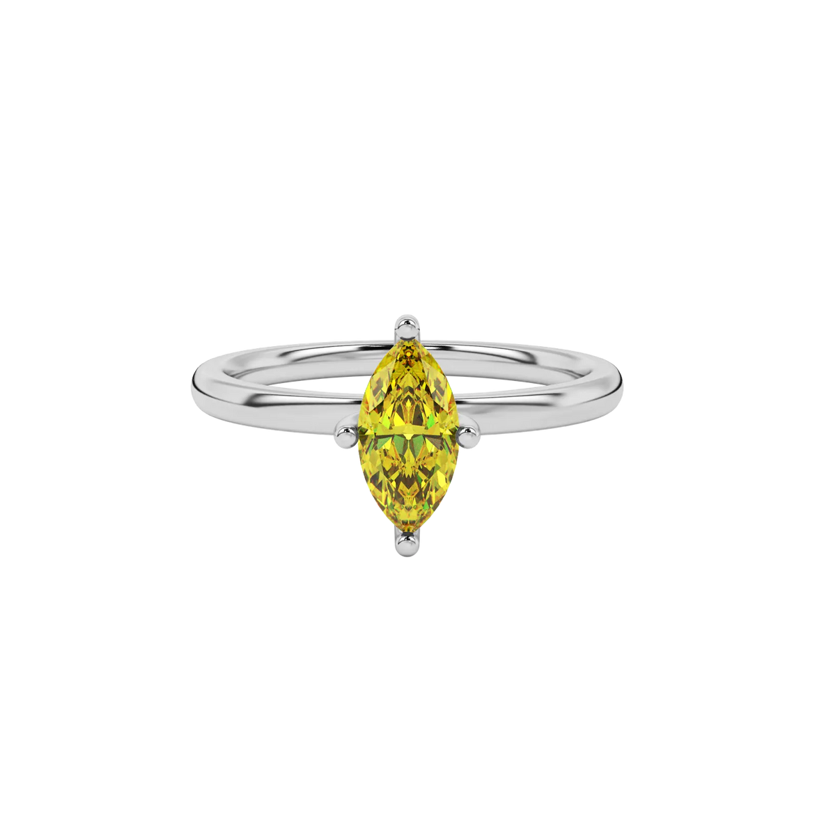 Close-up marquise cut canary yellow gemstone ring, white gold surprise diamond setting.