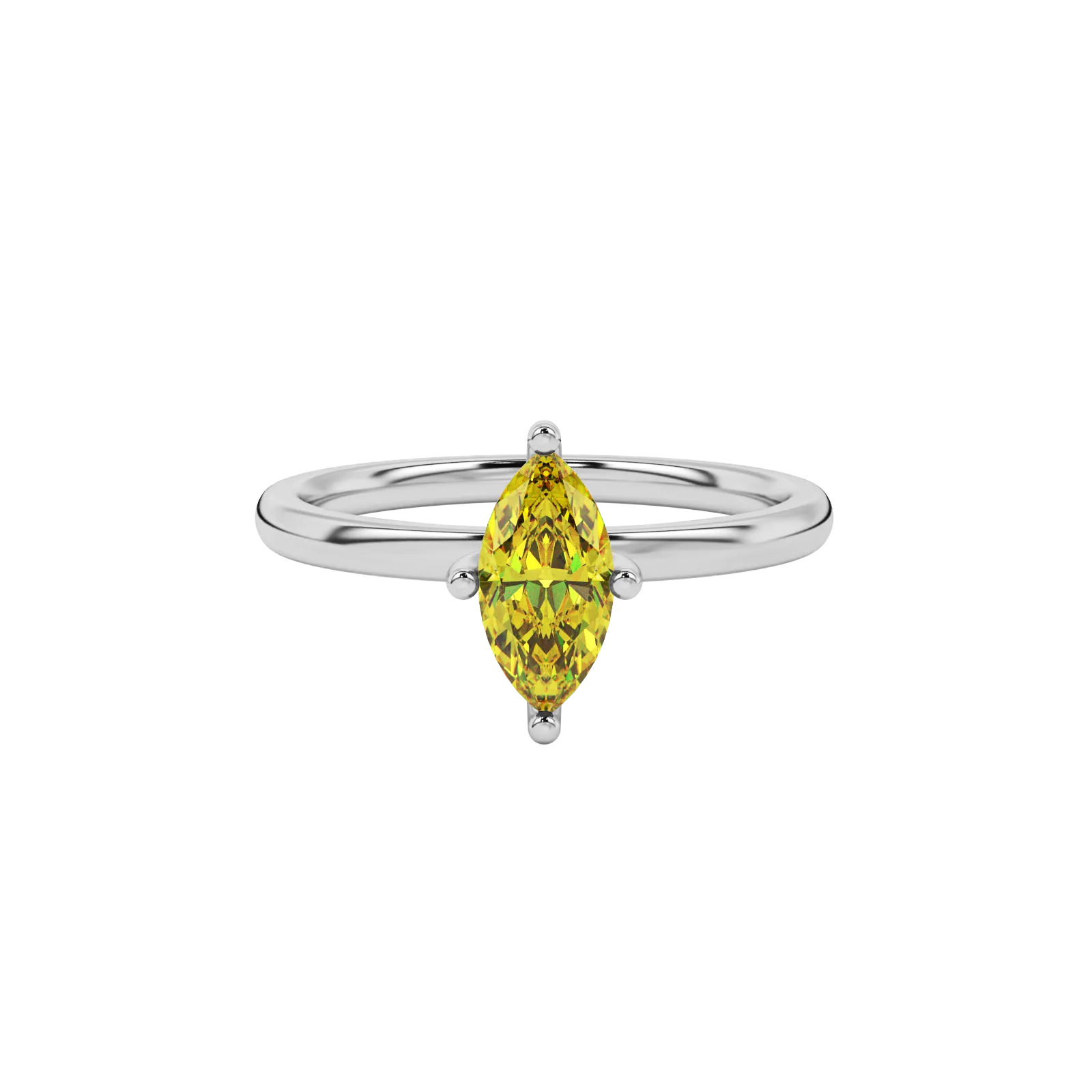 Close-up marquise cut canary yellow gemstone ring, white gold surprise diamond setting.