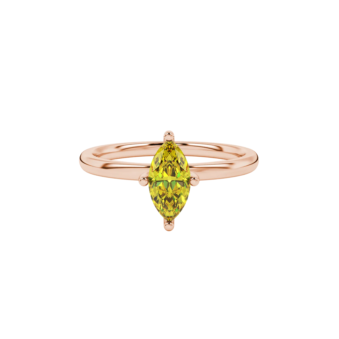 Close-up, marquise cut canary yellow gemstone ring, rose gold surprise diamond setting.