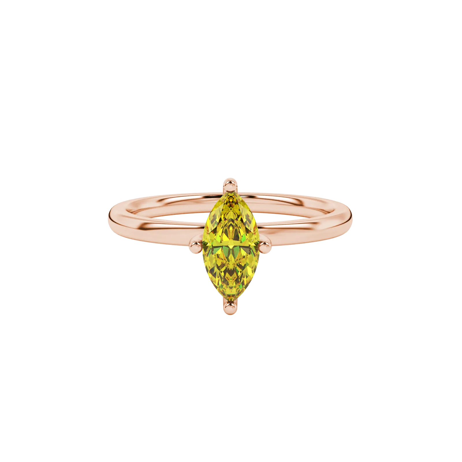 Close-up, marquise cut canary yellow gemstone ring, rose gold surprise diamond setting.
