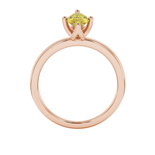 Marquise cut canary yellow gemstone ring, rose gold tulip basket setting.
