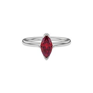 Close-up  marquise cut raspberry red gemstone ring, white gold tulip basket.