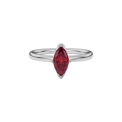 Close-up  marquise cut raspberry red gemstone ring, white gold tulip basket.